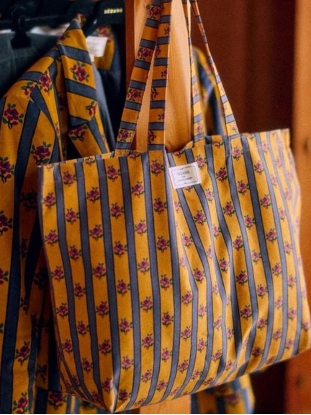 Sézane Maria Delaorden Mustard and Navy Floral Stripe Canvas Tote